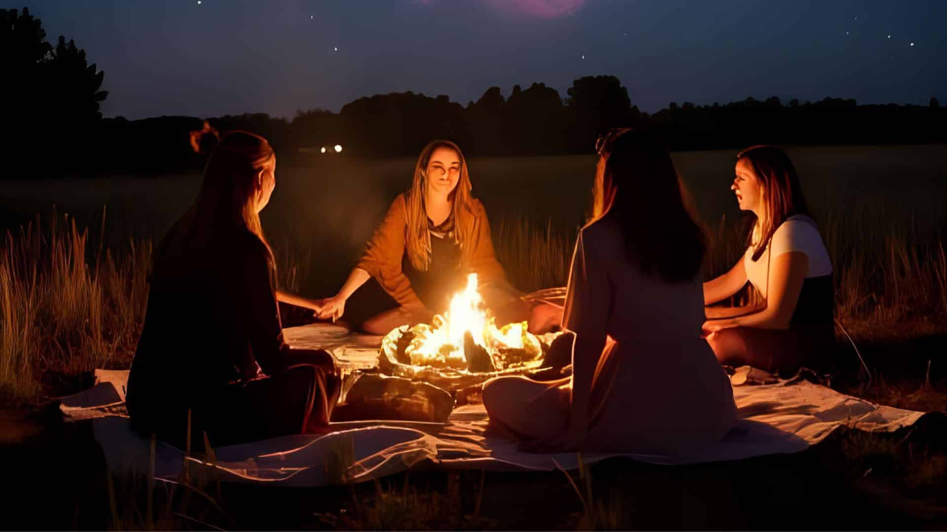 Circle of women on blankets in a meadow under a starry sky with a full moon, bonfire, galactic swirls symbolizing Sisterhood and Verbindung.
